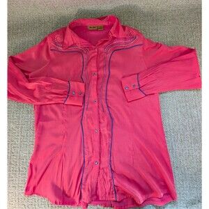 Wrangler Pearl Snap Rodeo Blouse Bright Pink Womens Large Gemstones Embroidery L